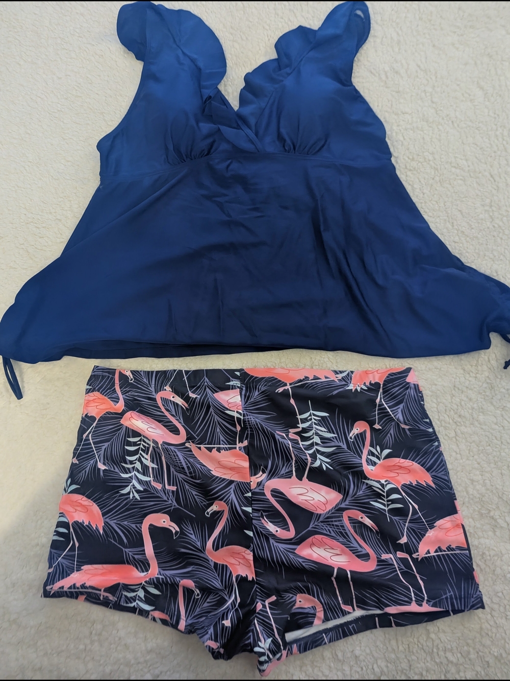 Navy Tankini Top & Flamingo Print Swim Shorts Set